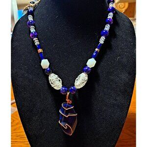 Handmade blue and white glass and agate necklace 19"